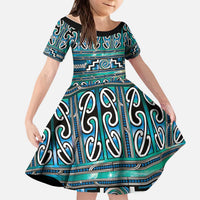Maori Matariki Kid Short Sleeve Dress Green Galaxy Aesthetic Koru Art