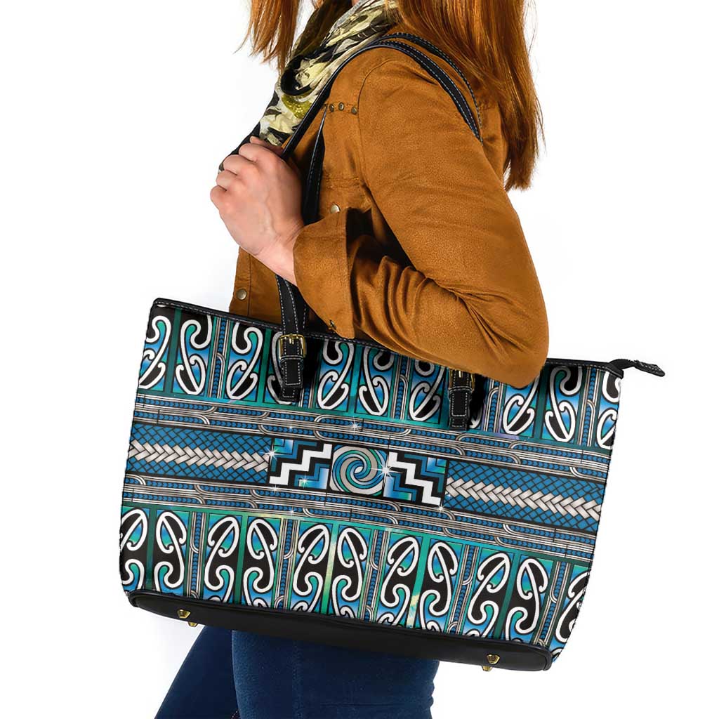Maori Matariki Leather Tote Bag Green Galaxy Aesthetic Koru Art