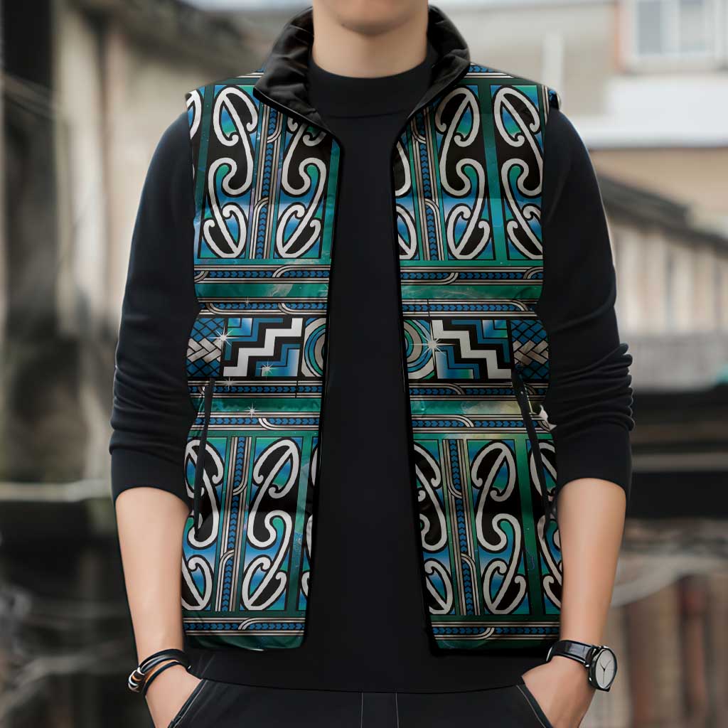 Maori Matariki Sleeveless Puffer Jacket Green Galaxy Aesthetic Koru Art LT01 - Polynesian Pride
