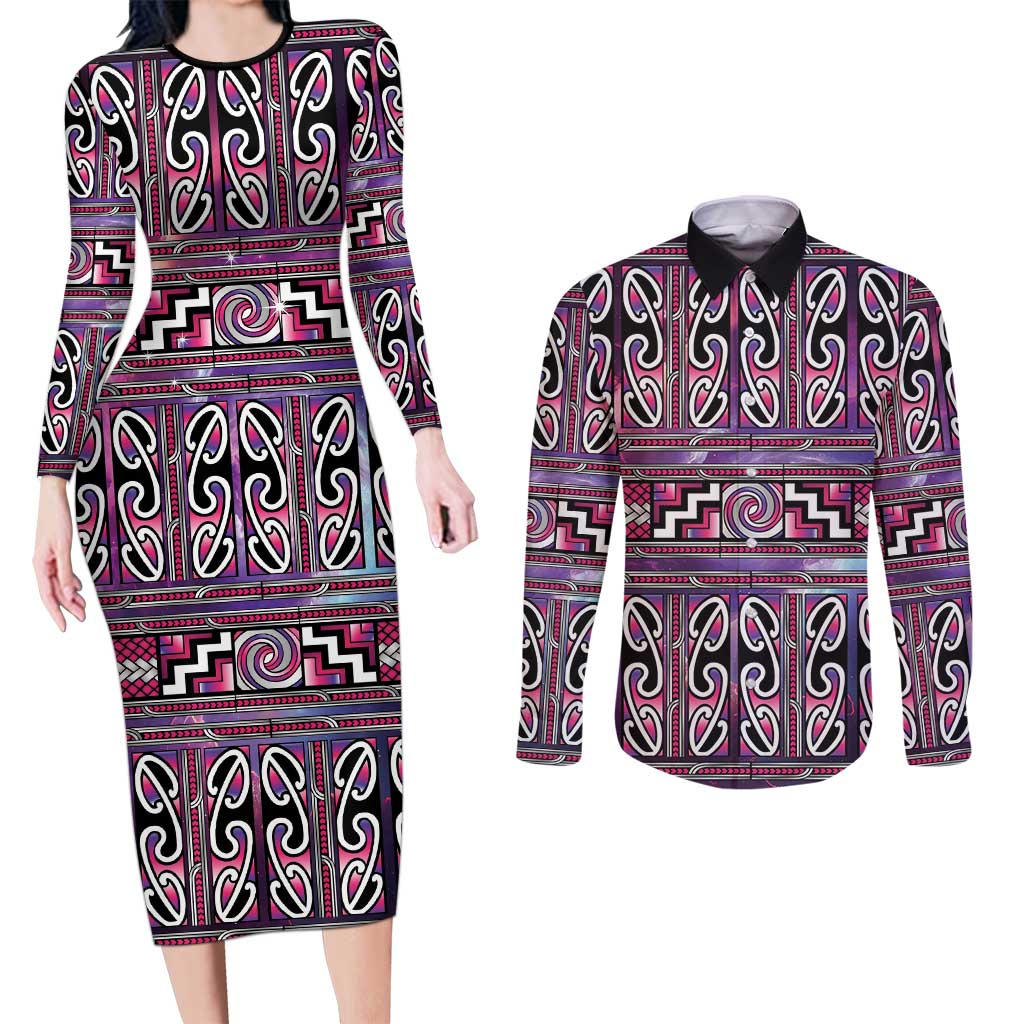 Maori Matariki Couples Matching Long Sleeve Bodycon Dress and Long Sleeve Button Shirt Pink Galaxy Aesthetic Koru Art