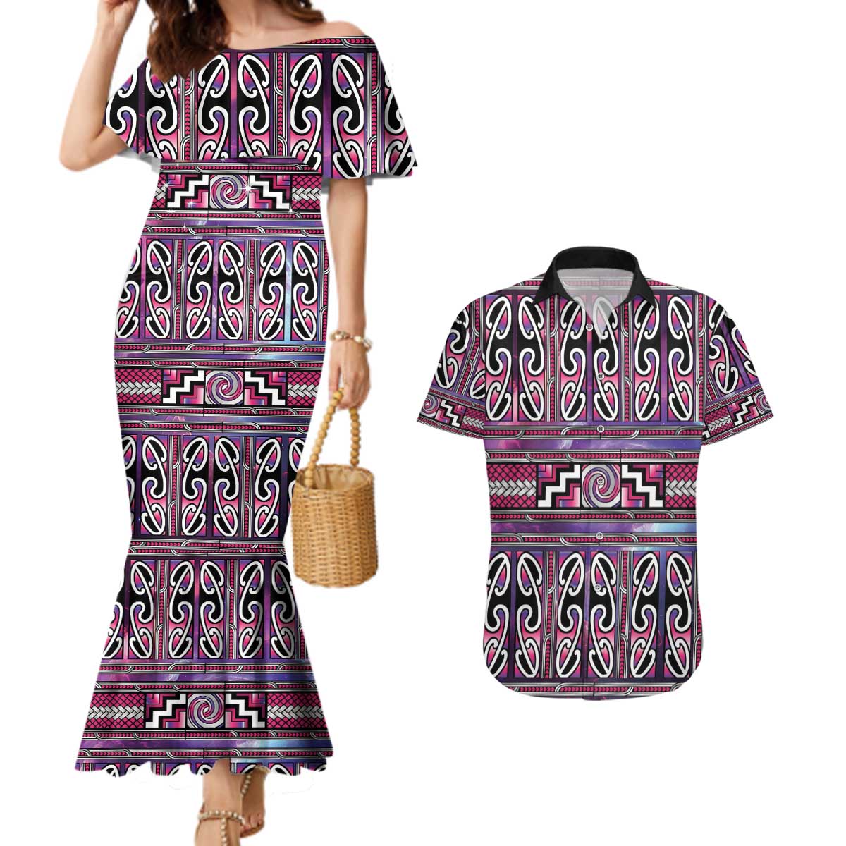 Maori Matariki Couples Matching Mermaid Dress and Hawaiian Shirt Pink Galaxy Aesthetic Koru Art LT01 Pink - Polynesian Pride