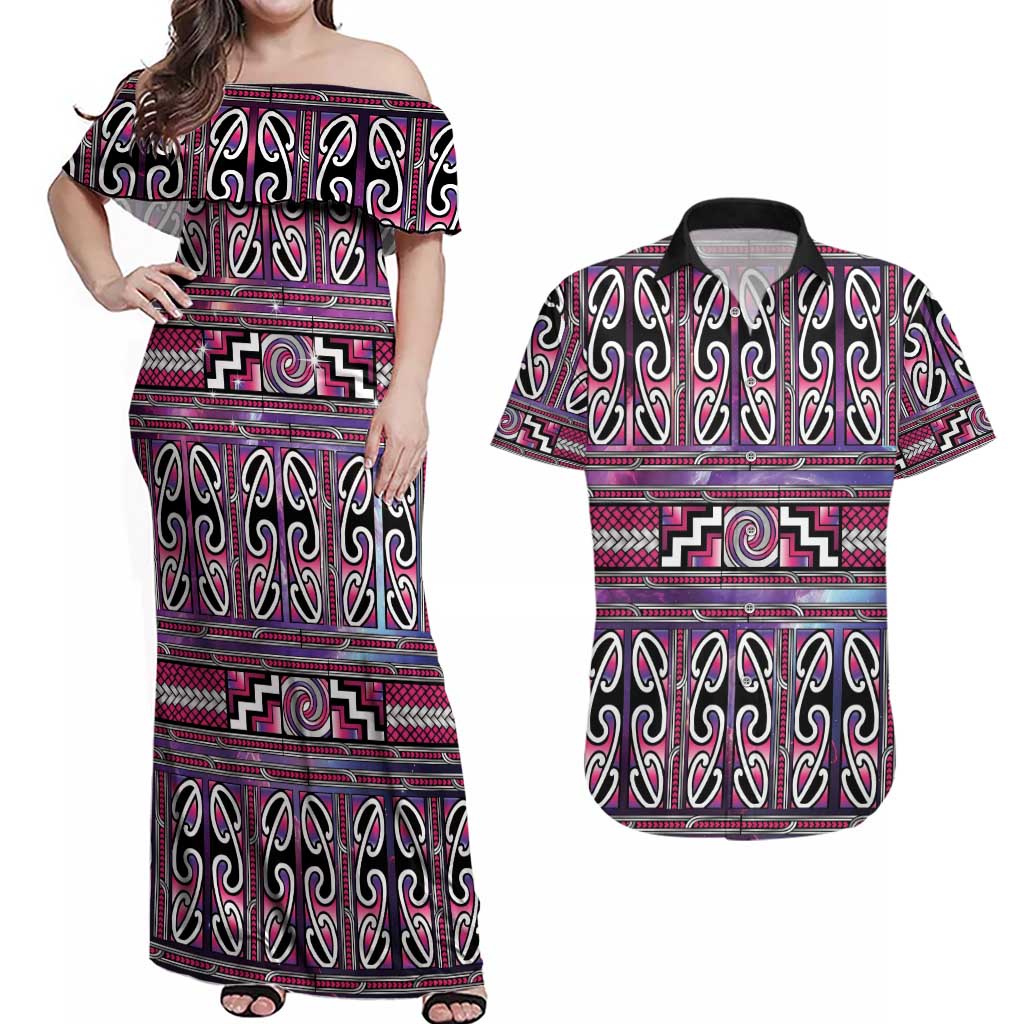 Maori Matariki Couples Matching Off Shoulder Maxi Dress and Hawaiian Shirt Pink Galaxy Aesthetic Koru Art LT01 Pink - Polynesian Pride