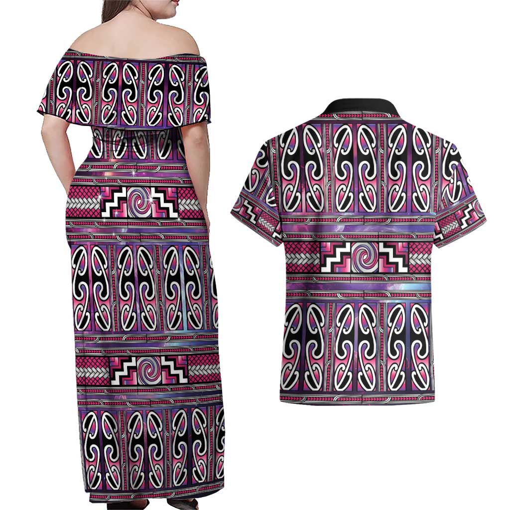 Maori Matariki Couples Matching Off Shoulder Maxi Dress and Hawaiian Shirt Pink Galaxy Aesthetic Koru Art LT01 - Polynesian Pride