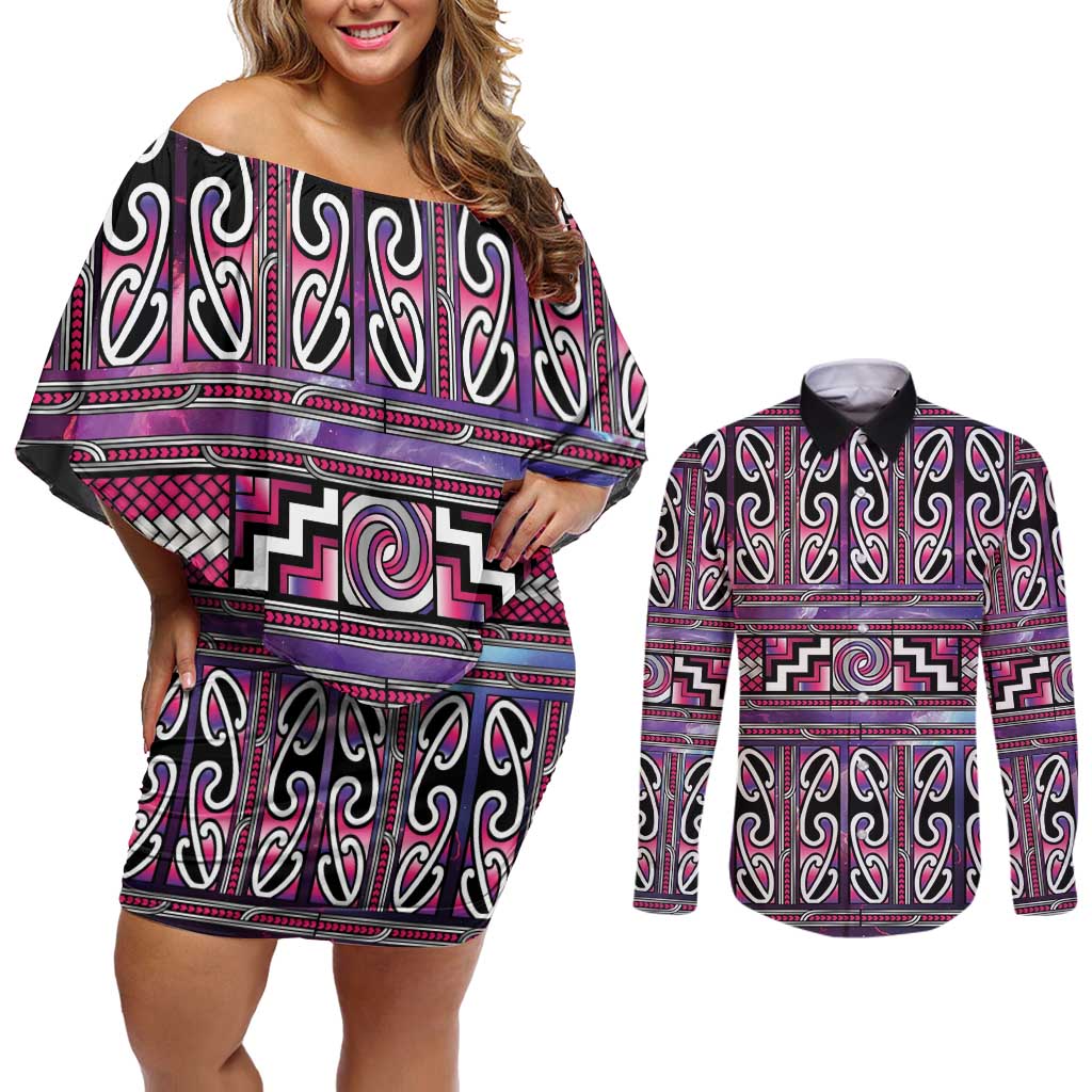 Maori Matariki Couples Matching Off Shoulder Short Dress and Long Sleeve Button Shirt Pink Galaxy Aesthetic Koru Art