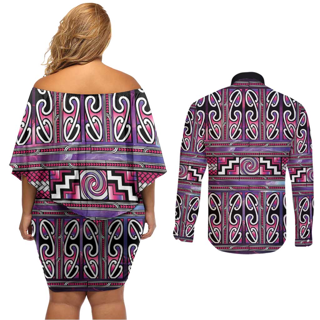 Maori Matariki Couples Matching Off Shoulder Short Dress and Long Sleeve Button Shirt Pink Galaxy Aesthetic Koru Art