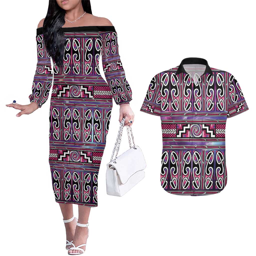 Maori Matariki Couples Matching Off The Shoulder Long Sleeve Dress and Hawaiian Shirt Pink Galaxy Aesthetic Koru Art LT01 Pink - Polynesian Pride