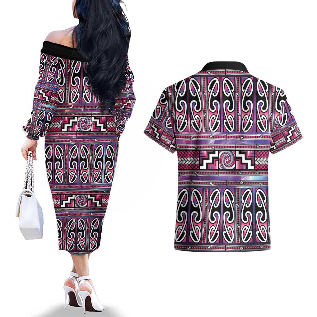 Maori Matariki Couples Matching Off The Shoulder Long Sleeve Dress and Hawaiian Shirt Pink Galaxy Aesthetic Koru Art LT01 - Polynesian Pride