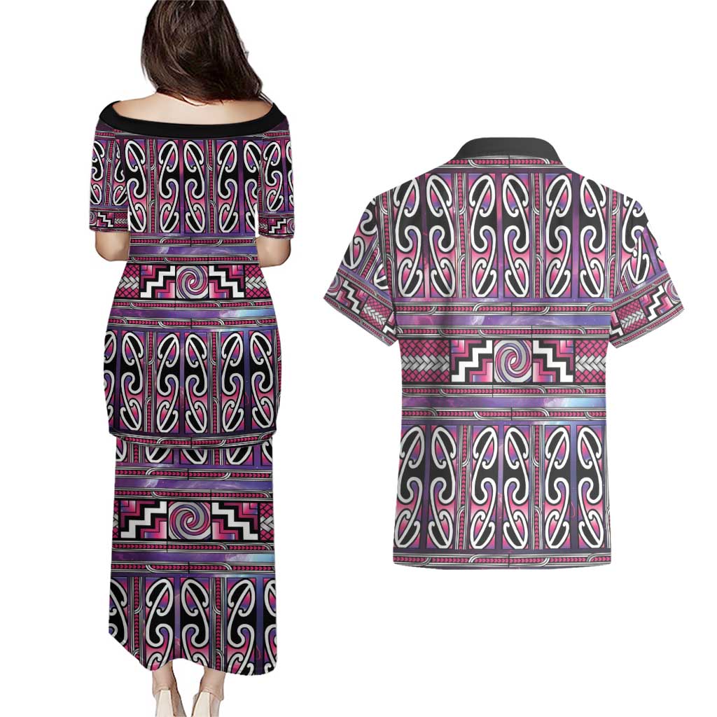 Maori Matariki Couples Matching Puletasi and Hawaiian Shirt Pink Galaxy Aesthetic Koru Art