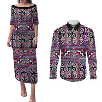 Maori Matariki Couples Matching Puletasi and Long Sleeve Button Shirt Pink Galaxy Aesthetic Koru Art LT01 Pink - Polynesian Pride