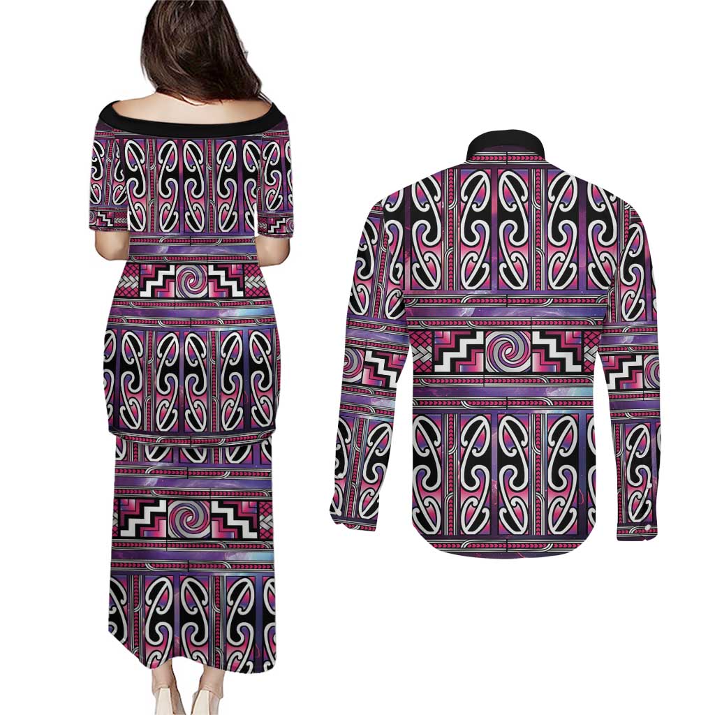 Maori Matariki Couples Matching Puletasi and Long Sleeve Button Shirt Pink Galaxy Aesthetic Koru Art LT01 - Polynesian Pride