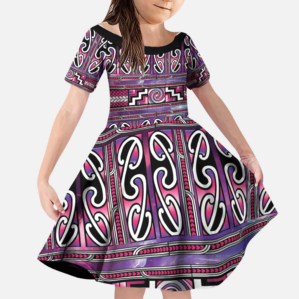 Maori Matariki Family Matching Long Sleeve Bodycon Dress and Hawaiian Shirt Pink Galaxy Aesthetic Koru Art LT01 Daughter's Dress Pink - Polynesian Pride