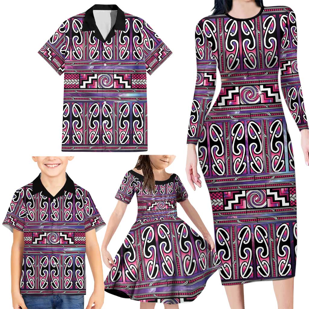Maori Matariki Family Matching Long Sleeve Bodycon Dress and Hawaiian Shirt Pink Galaxy Aesthetic Koru Art