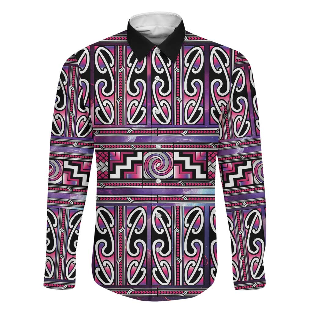 Maori Matariki Family Matching Off The Shoulder Long Sleeve Dress and Hawaiian Shirt Pink Galaxy Aesthetic Koru Art LT01 Dad's Shirt - Long Sleeve Pink - Polynesian Pride