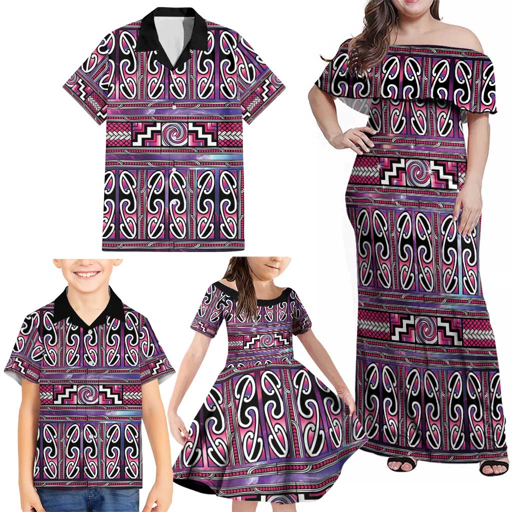 Maori Matariki Family Matching Off Shoulder Maxi Dress and Hawaiian Shirt Pink Galaxy Aesthetic Koru Art