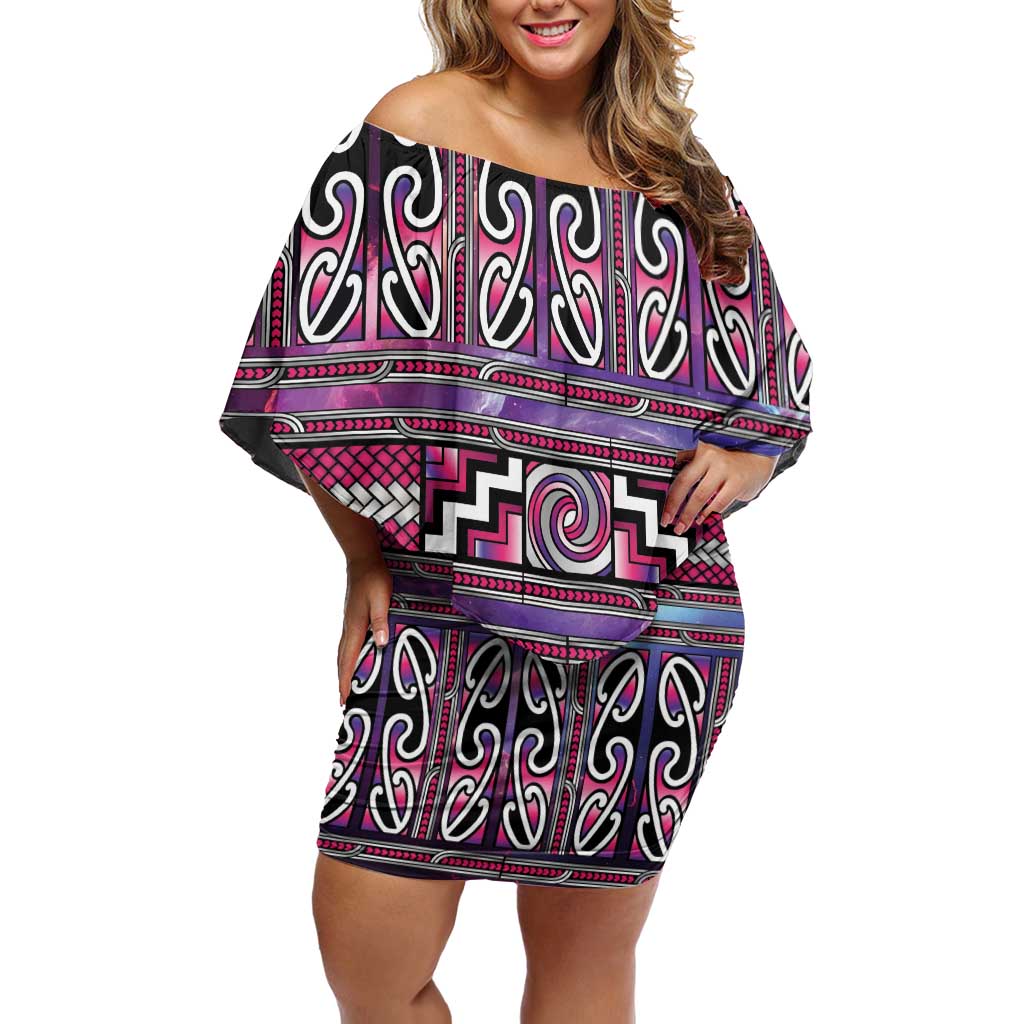 Maori Matariki Family Matching Off Shoulder Short Dress and Hawaiian Shirt Pink Galaxy Aesthetic Koru Art LT01 Mom's Dress Pink - Polynesian Pride