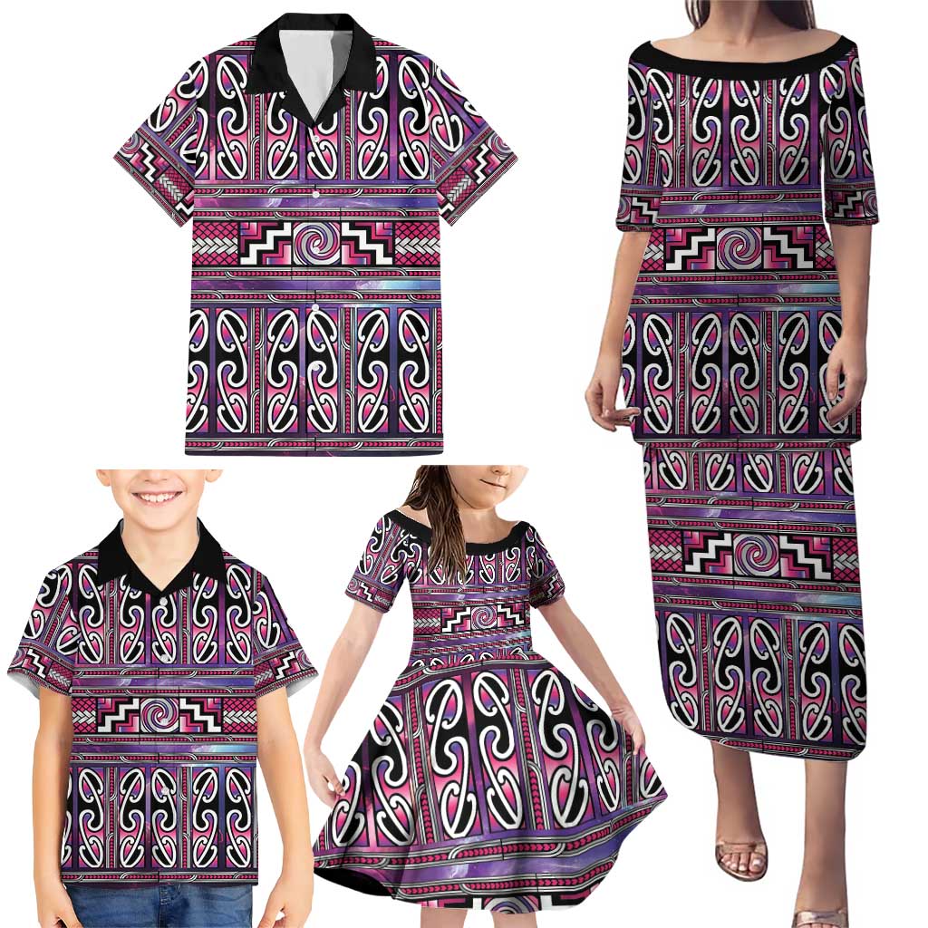 Maori Matariki Family Matching Puletasi and Hawaiian Shirt Pink Galaxy Aesthetic Koru Art