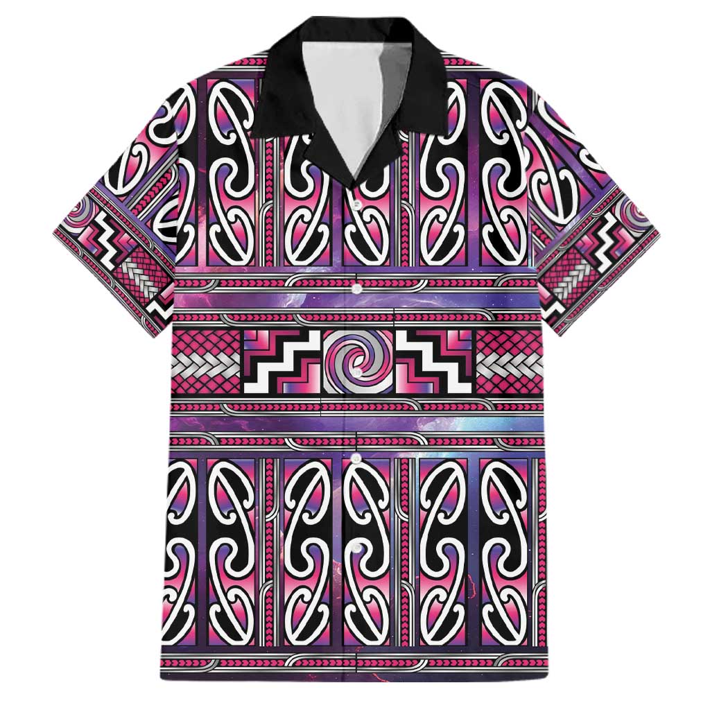 Maori Matariki Family Matching Puletasi and Hawaiian Shirt Pink Galaxy Aesthetic Koru Art LT01 Dad's Shirt - Short Sleeve Pink - Polynesian Pride