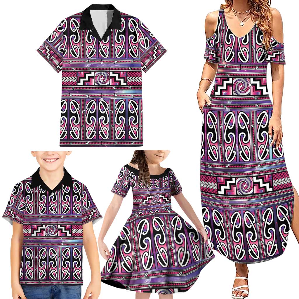 Maori Matariki Family Matching Summer Maxi Dress and Hawaiian Shirt Pink Galaxy Aesthetic Koru Art LT01 - Polynesian Pride