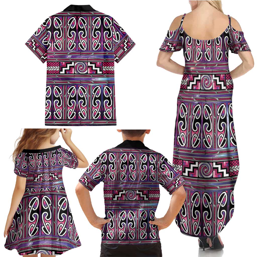 Maori Matariki Family Matching Summer Maxi Dress and Hawaiian Shirt Pink Galaxy Aesthetic Koru Art LT01 - Polynesian Pride