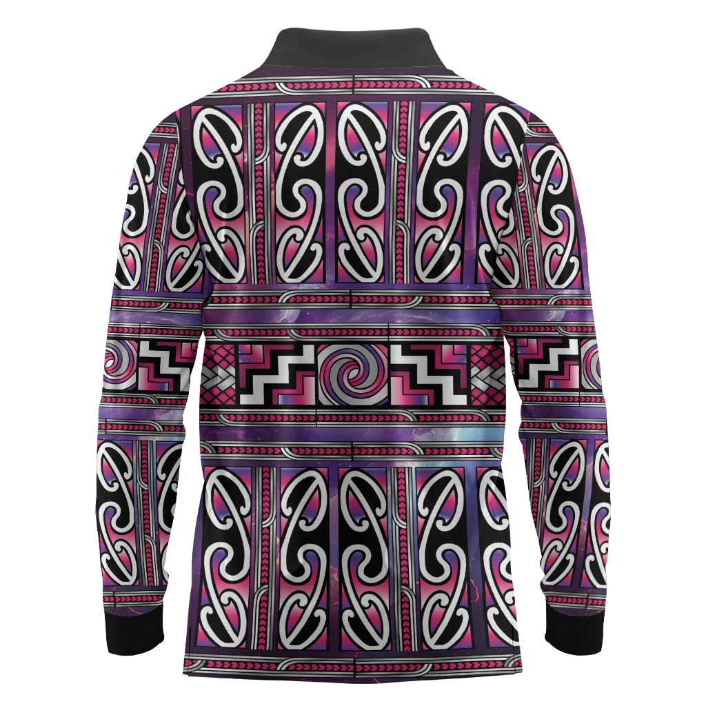 Maori Matariki Long Sleeve Polo Shirt Pink Galaxy Aesthetic Koru Art