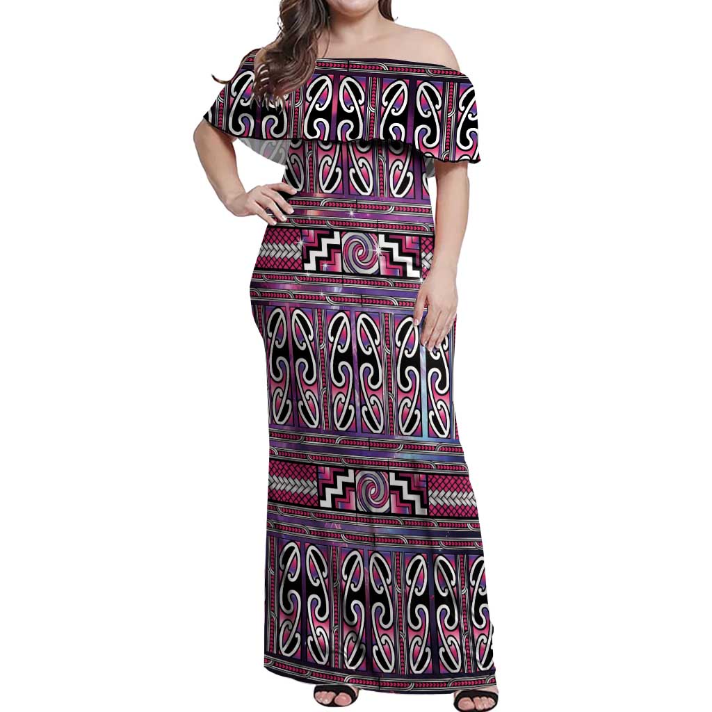 Maori Matariki Off Shoulder Maxi Dress Pink Galaxy Aesthetic Koru Art
