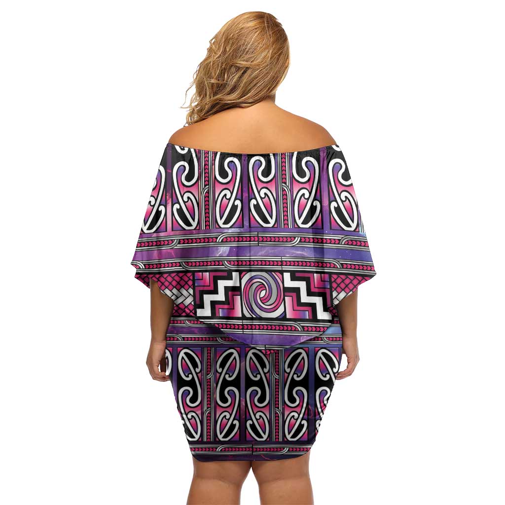 Maori Matariki Off Shoulder Short Dress Pink Galaxy Aesthetic Koru Art