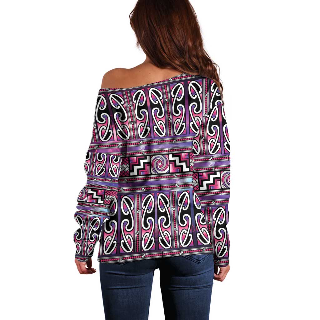 Maori Matariki Off Shoulder Sweater Pink Galaxy Aesthetic Koru Art