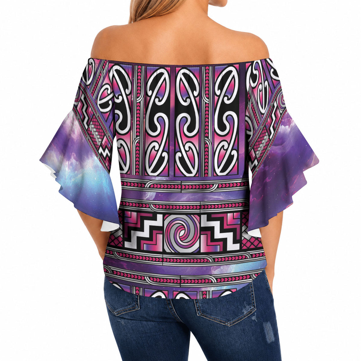 Maori Matariki Off Shoulder Wrap Waist Top Pink Galaxy Aesthetic Koru Art LT01 - Polynesian Pride