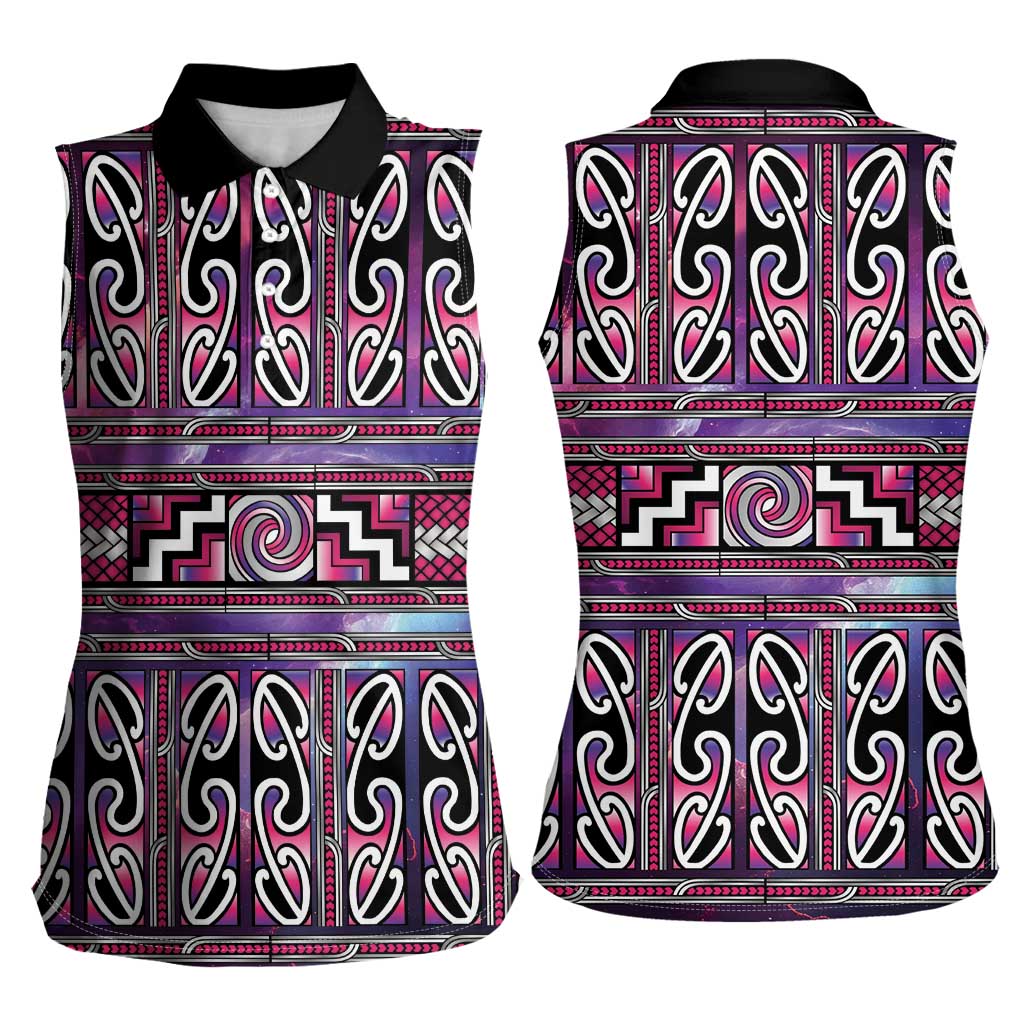 Maori Matariki Women Sleeveless Polo Shirt Pink Galaxy Aesthetic Koru Art