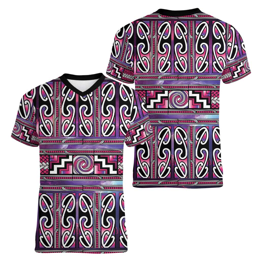Maori Matariki Women V-Neck T-Shirt Pink Galaxy Aesthetic Koru Art