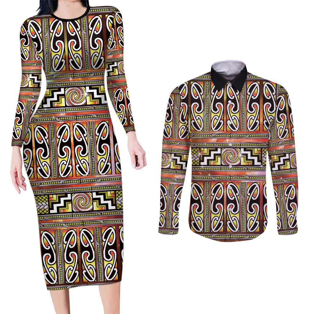 Maori Matariki Couples Matching Long Sleeve Bodycon Dress and Long Sleeve Button Shirt Yellow Galaxy Aesthetic Koru Art LT01 Yellow - Polynesian Pride
