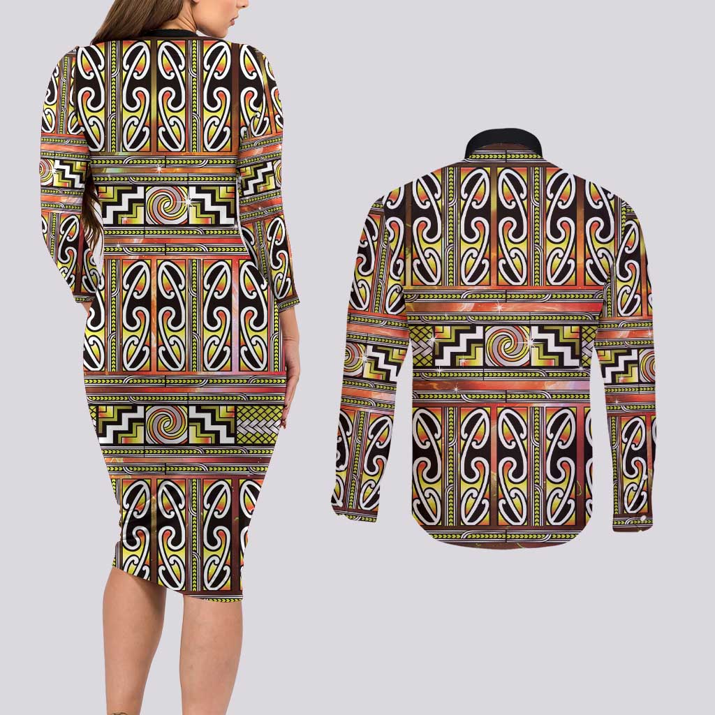 Maori Matariki Couples Matching Long Sleeve Bodycon Dress and Long Sleeve Button Shirt Yellow Galaxy Aesthetic Koru Art LT01 - Polynesian Pride