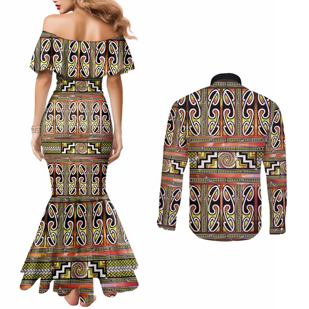 Maori Matariki Couples Matching Mermaid Dress and Long Sleeve Button Shirt Yellow Galaxy Aesthetic Koru Art LT01 - Polynesian Pride