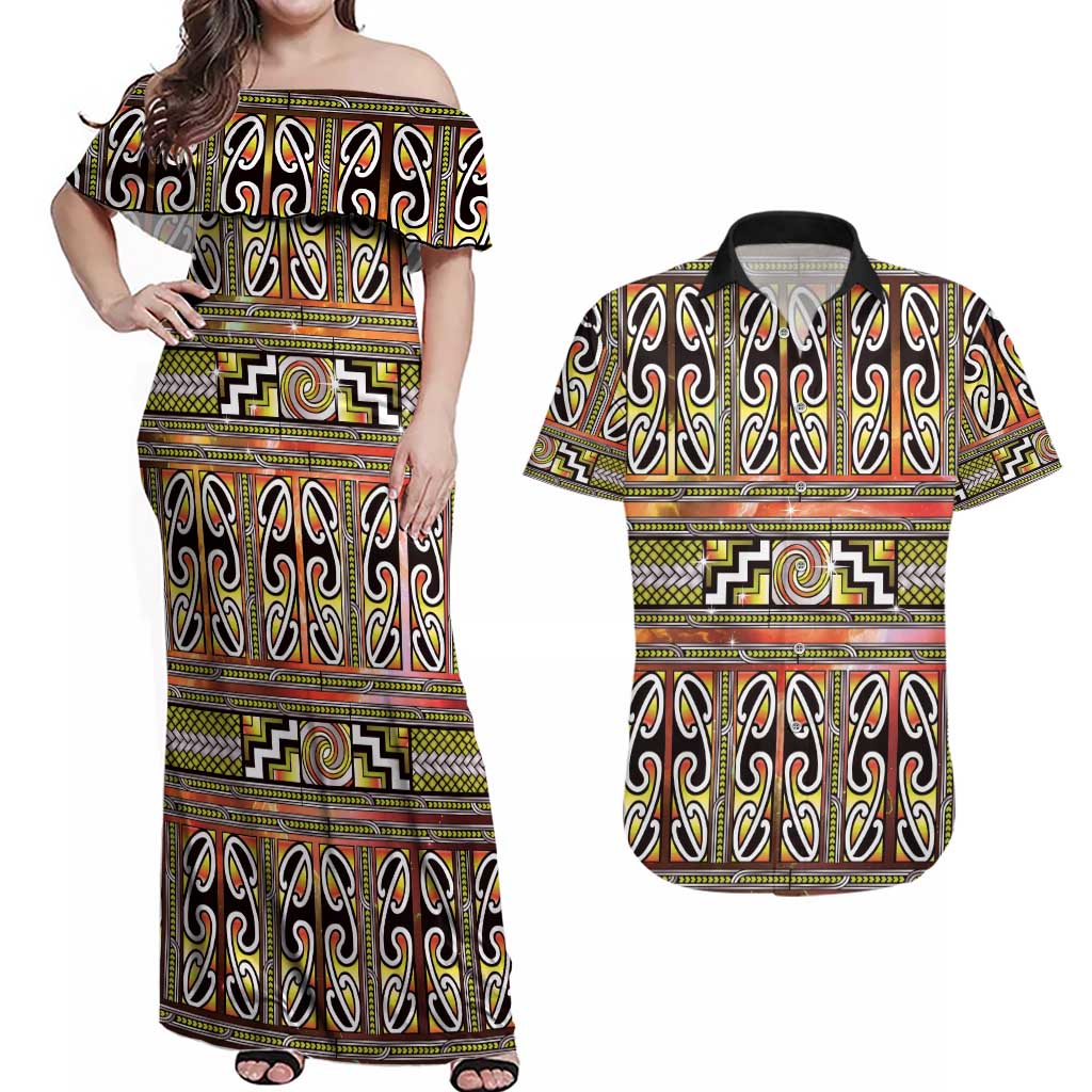 Maori Matariki Couples Matching Off Shoulder Maxi Dress and Hawaiian Shirt Yellow Galaxy Aesthetic Koru Art LT01 Yellow - Polynesian Pride