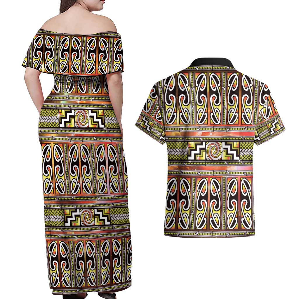 Maori Matariki Couples Matching Off Shoulder Maxi Dress and Hawaiian Shirt Yellow Galaxy Aesthetic Koru Art LT01 - Polynesian Pride