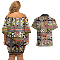 Maori Matariki Couples Matching Off Shoulder Short Dress and Hawaiian Shirt Yellow Galaxy Aesthetic Koru Art LT01 - Polynesian Pride