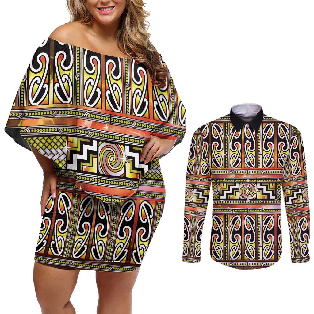 Maori Matariki Couples Matching Off Shoulder Short Dress and Long Sleeve Button Shirt Yellow Galaxy Aesthetic Koru Art