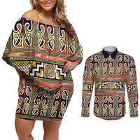 Maori Matariki Couples Matching Off Shoulder Short Dress and Long Sleeve Button Shirt Yellow Galaxy Aesthetic Koru Art