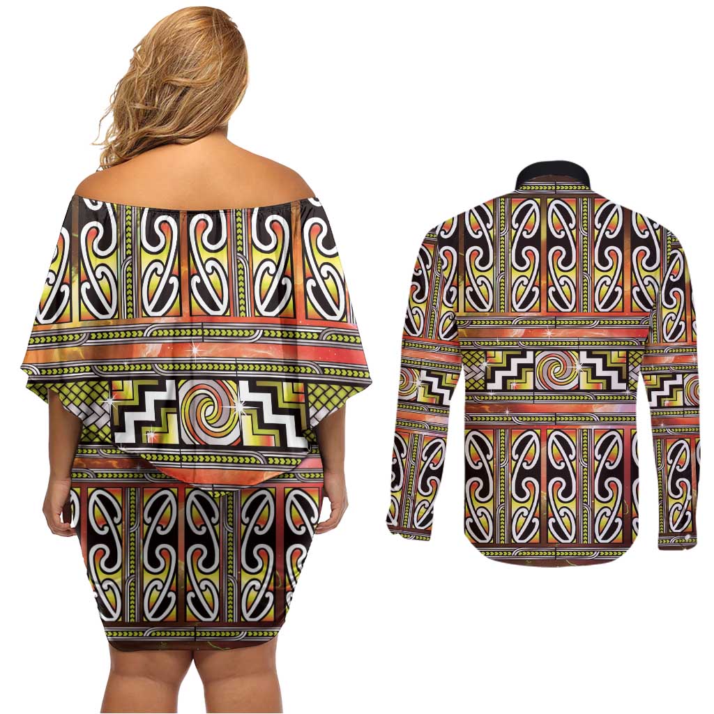 Maori Matariki Couples Matching Off Shoulder Short Dress and Long Sleeve Button Shirt Yellow Galaxy Aesthetic Koru Art