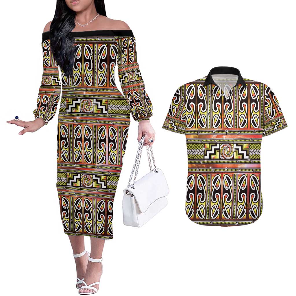 Maori Matariki Couples Matching Off The Shoulder Long Sleeve Dress and Hawaiian Shirt Yellow Galaxy Aesthetic Koru Art LT01 Yellow - Polynesian Pride