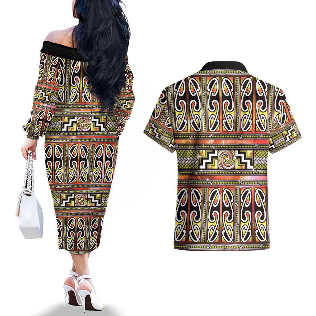 Maori Matariki Couples Matching Off The Shoulder Long Sleeve Dress and Hawaiian Shirt Yellow Galaxy Aesthetic Koru Art LT01 - Polynesian Pride