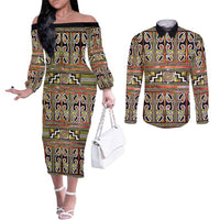 Maori Matariki Couples Matching Off The Shoulder Long Sleeve Dress and Long Sleeve Button Shirt Yellow Galaxy Aesthetic Koru Art LT01 Yellow - Polynesian Pride
