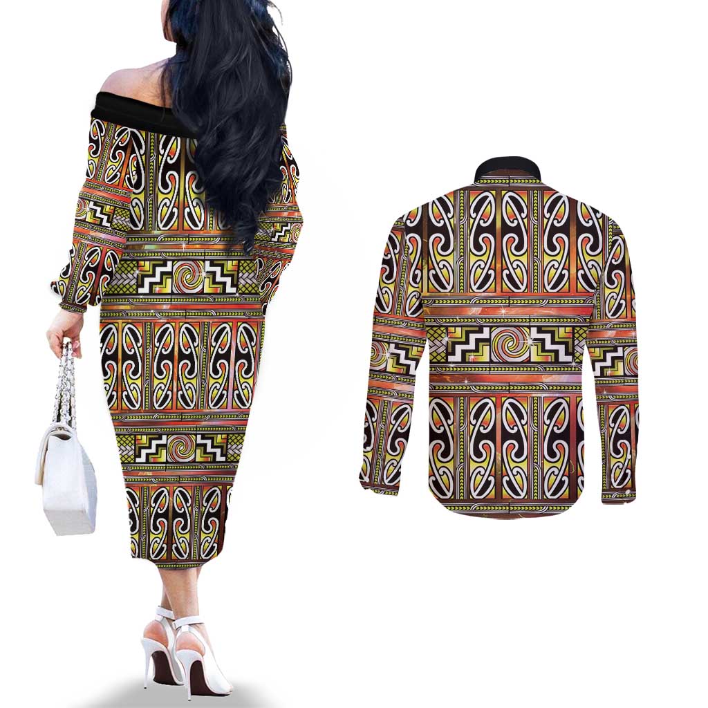 Maori Matariki Couples Matching Off The Shoulder Long Sleeve Dress and Long Sleeve Button Shirt Yellow Galaxy Aesthetic Koru Art LT01 - Polynesian Pride