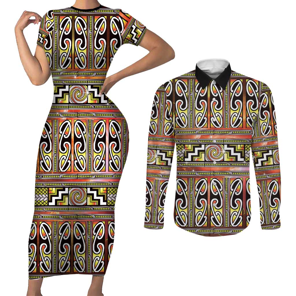 Maori Matariki Couples Matching Short Sleeve Bodycon Dress and Long Sleeve Button Shirt Yellow Galaxy Aesthetic Koru Art LT01 Yellow - Polynesian Pride