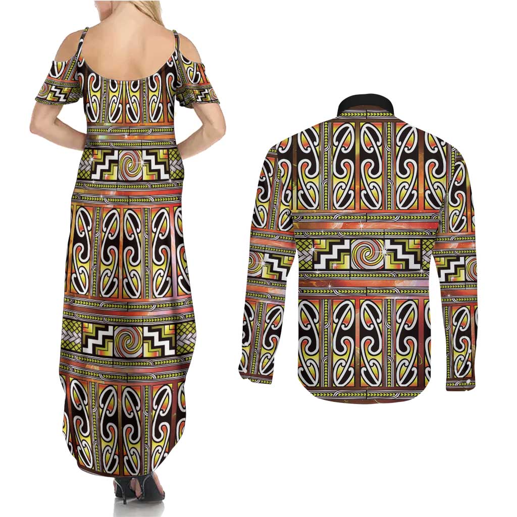 Maori Matariki Couples Matching Summer Maxi Dress and Long Sleeve Button Shirt Yellow Galaxy Aesthetic Koru Art