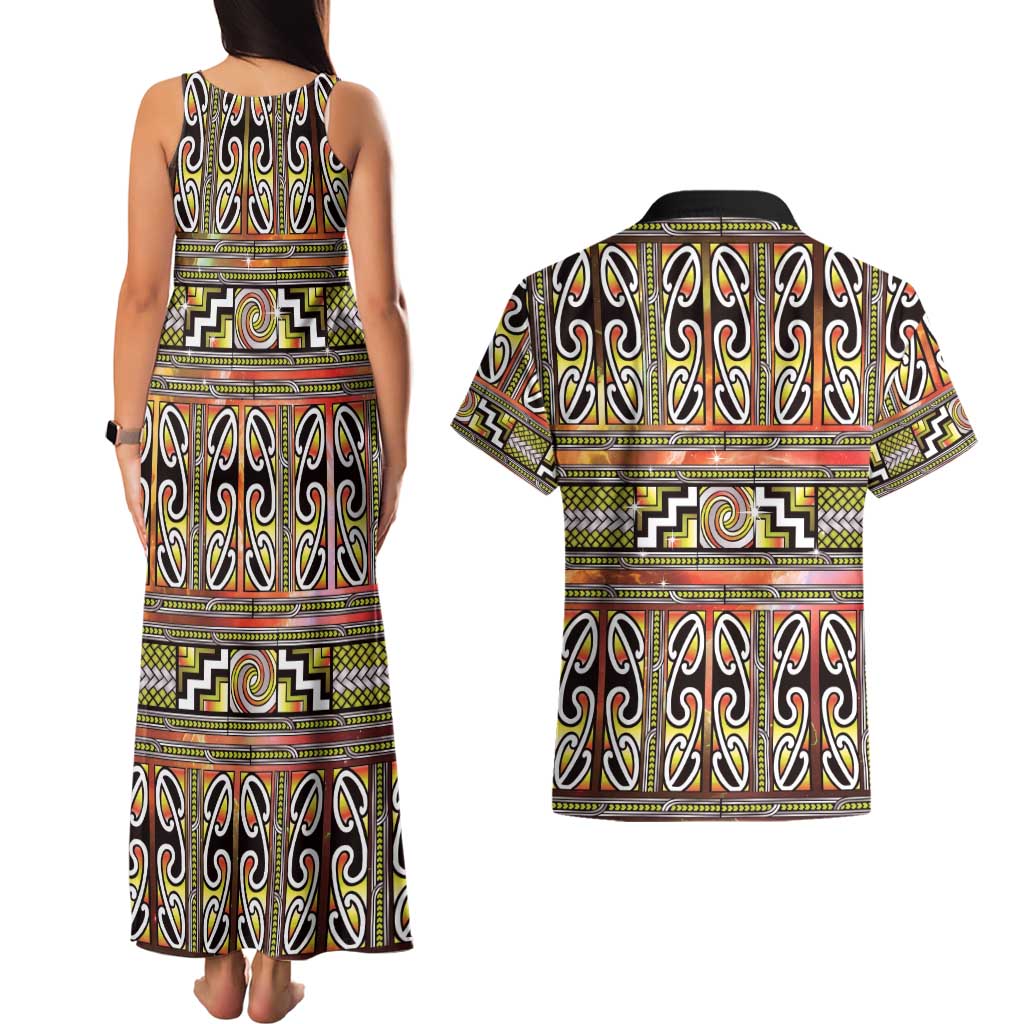Maori Matariki Couples Matching Tank Maxi Dress and Hawaiian Shirt Yellow Galaxy Aesthetic Koru Art LT01 - Polynesian Pride