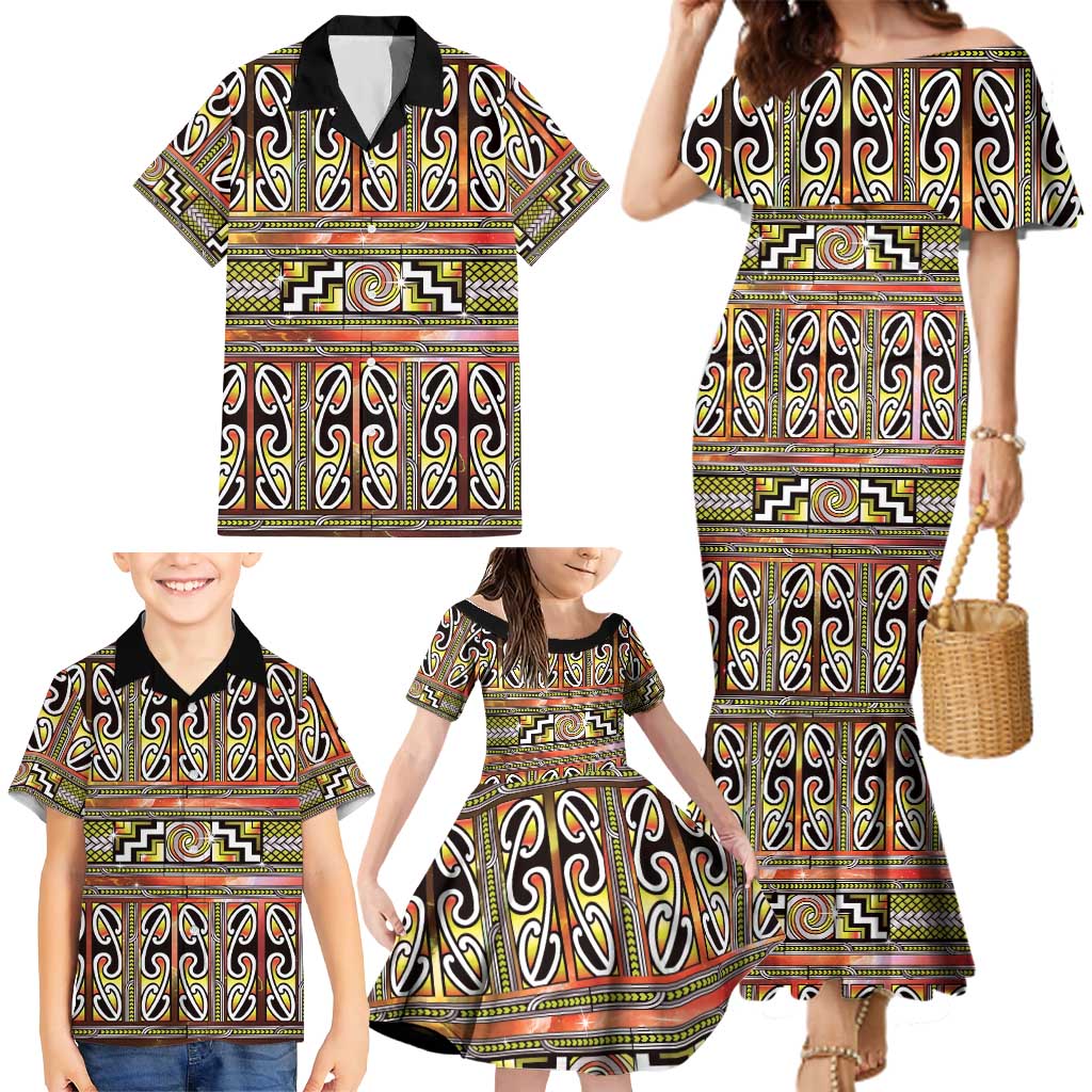Maori Matariki Family Matching Mermaid Dress and Hawaiian Shirt Yellow Galaxy Aesthetic Koru Art