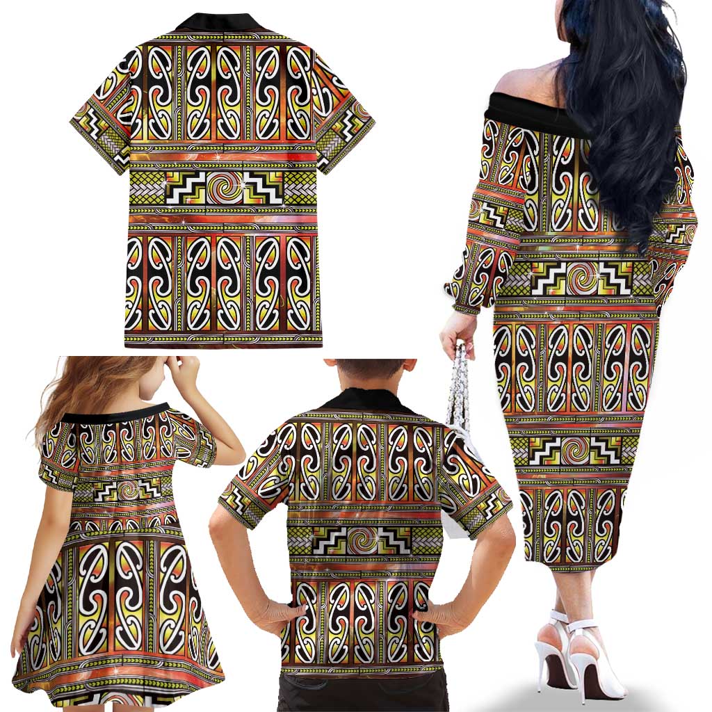 Maori Matariki Family Matching Off The Shoulder Long Sleeve Dress and Hawaiian Shirt Yellow Galaxy Aesthetic Koru Art LT01 - Polynesian Pride