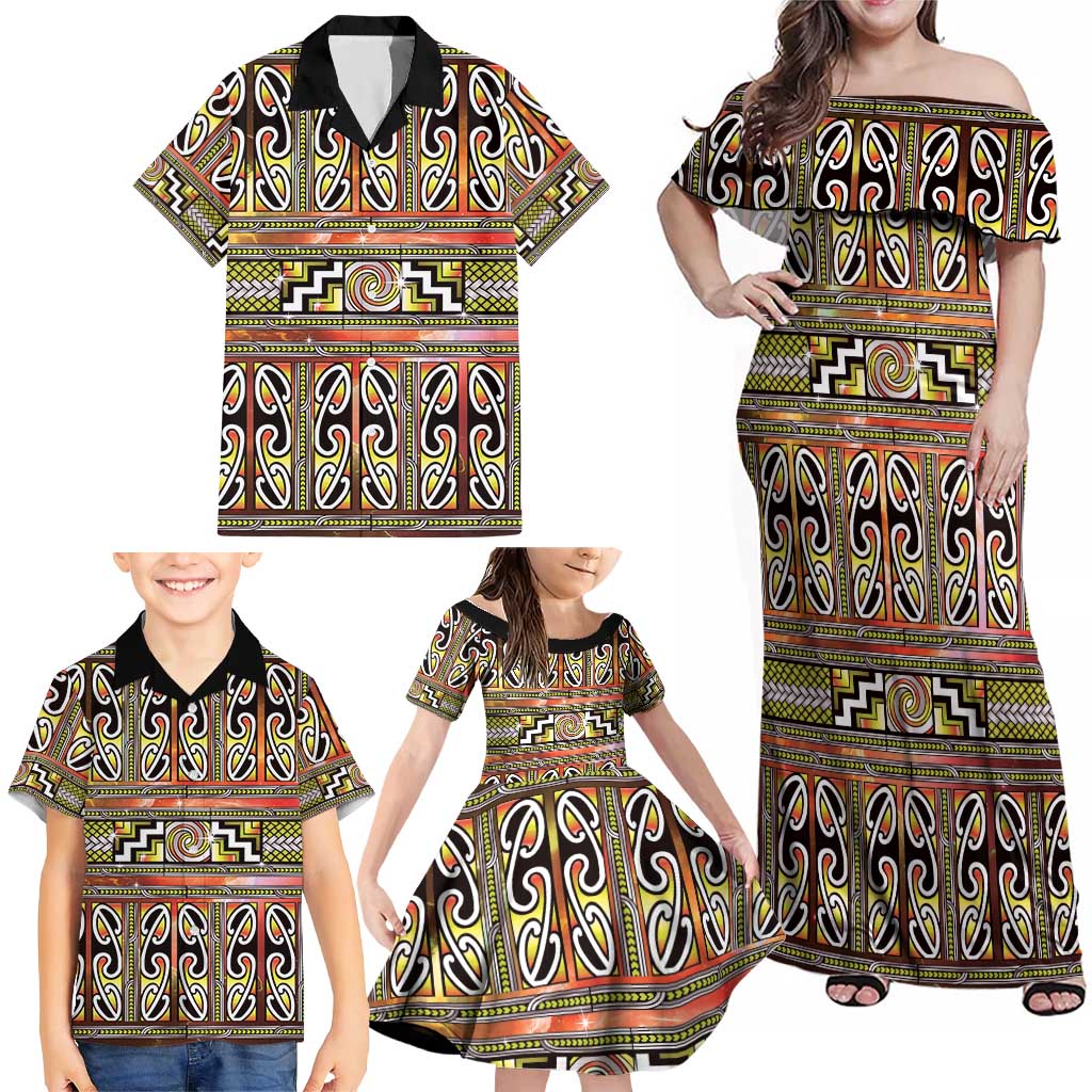 Maori Matariki Family Matching Off Shoulder Maxi Dress and Hawaiian Shirt Yellow Galaxy Aesthetic Koru Art