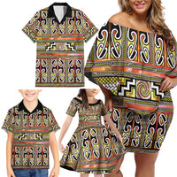 Maori Matariki Family Matching Off Shoulder Short Dress and Hawaiian Shirt Yellow Galaxy Aesthetic Koru Art LT01 - Polynesian Pride